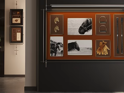 Equestrian Themed Wall Display Featuring Black White Horse Photos Golden Tack Leather Gloves Whips 3d model