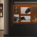 Equestrian Themed Wall Display Featuring Black White Horse Photos Golden Tack Leather Gloves Whips