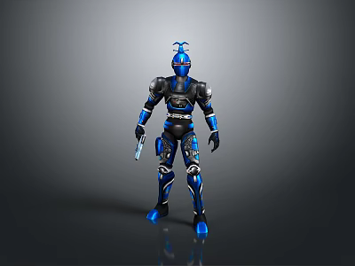 Futuristic Robot With Blue And Black Armor Mechanical Design Weapon And Standing Pose 3d model