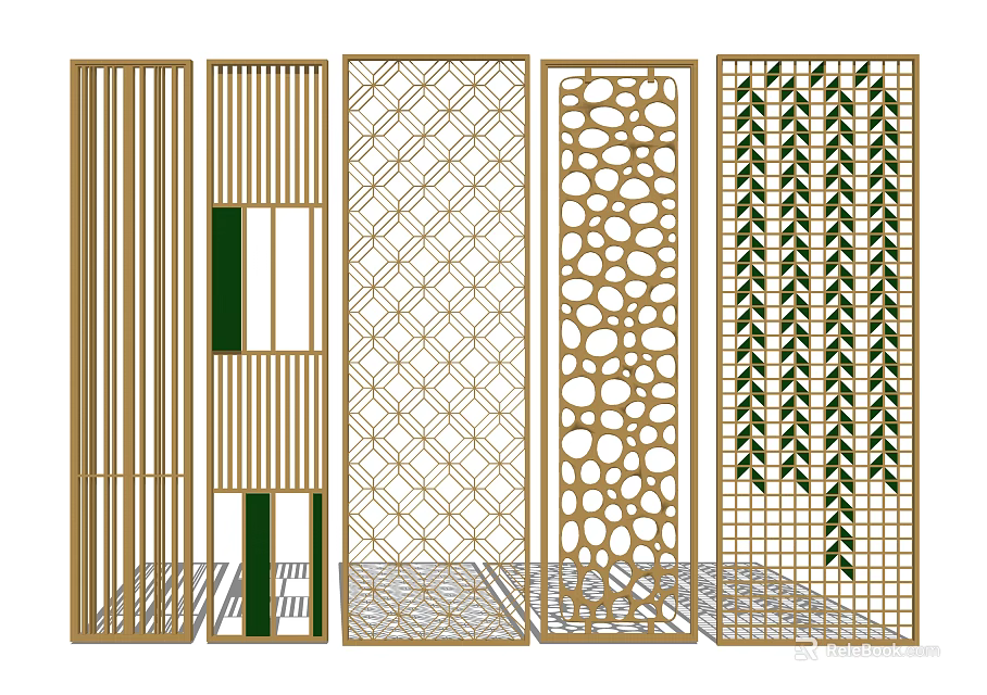 Modern Decorative Room Dividers With Diverse Hollow Out Patterns And Gold Frames 3d model 