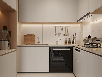 Modern Kitchen Interior With White Cabinets Black Appliances Hanging Utensils And Sleek Countertop 3d model