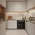 Modern Kitchen Interior With White Cabinets Black Appliances Hanging Utensils And Sleek Countertop