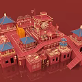 Cartoon Scene of Red Chinese Style Buildings With Blue Roof Pavilions Lanterns Stairs and Slide