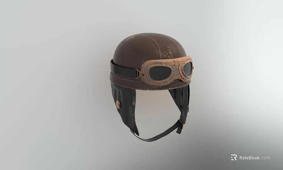 Vintage Distressed Brown Leather Aviator Helmet With Classic Goggles And Adjustable Straps 3d model 