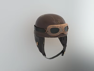 Vintage Distressed Brown Leather Aviator Helmet With Classic Goggles And Adjustable Straps 3d model