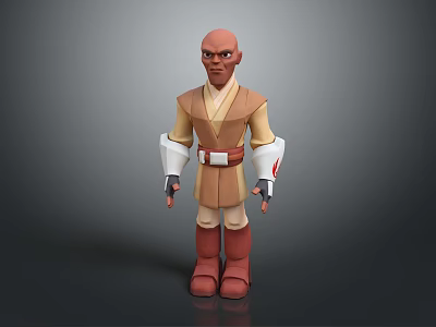 Game And Movie Character Bald Headed Brown Robe White Sleeves Red Belt Brown Boots 3d model