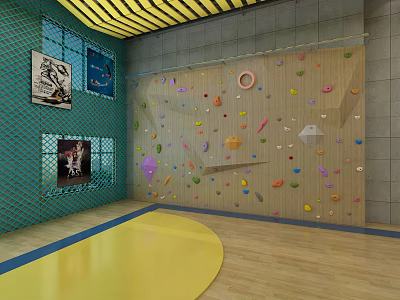 Indoor Rock Climbing Wall For Fitness Training With Colorful Holds And Wooden Floor 3d model