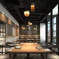 Modern Dessert Shop Interior With Black Ceiling Exposed Pipes And Wooden Tables