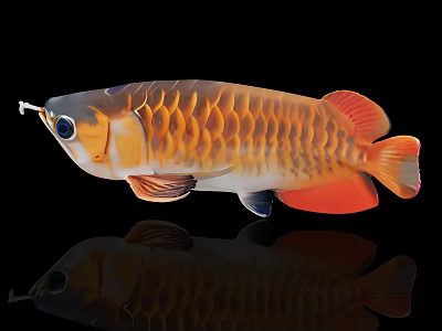Golden Orange Arowana Fish With Shiny Scales And Reflection On Black Background 3d model
