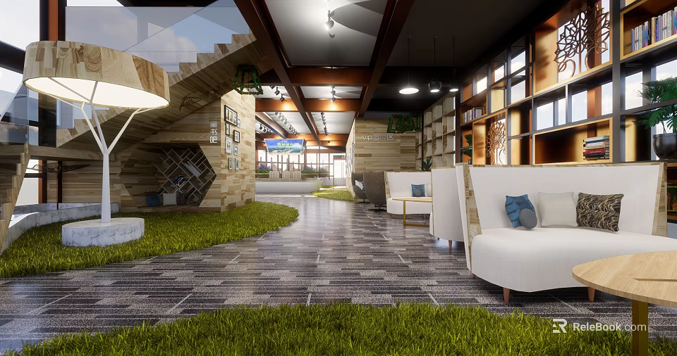 Modern Sales Office Interior Design With Green Grass Area Sofa Bookshelves And Lighting 3d model 