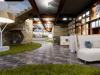 Modern Sales Office Interior Design With Green Grass Area Sofa Bookshelves And Lighting 3d model