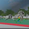 Outdoor Playground Equipment With Soccer Shaped Climbing Structures Colorful Slides Green Flooring And Trees