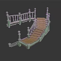 Curved Staircase Design With Green Railings Wooden Steps And Decorative Posts