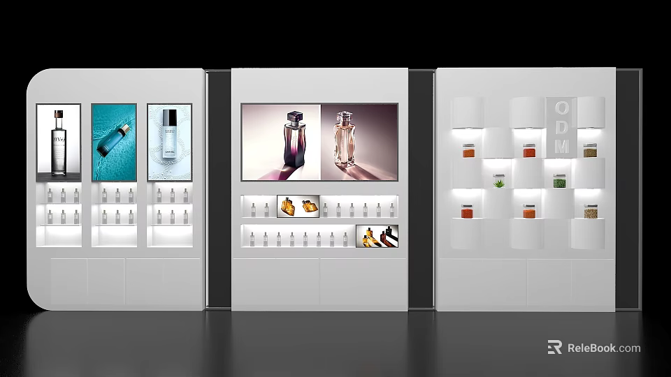 Event Display Wall With Perfume Bottles Skincare Products And Digital Screens 3d model 