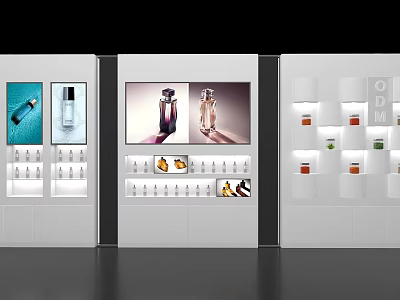 Event Display Wall With Perfume Bottles Skincare Products And Digital Screens 3d model