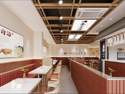 Warm Restaurant Interior With Wooden Ceiling Red Booths White Dining Tables And Braised Pork Soup Sign 3d model