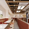 Warm Restaurant Interior With Wooden Ceiling Red Booths White Dining Tables And Braised Pork Soup Sign