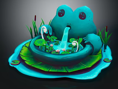 Cartoon Scene With Big Eyed Blue Frog On Lily Pad Small Waterfall Reeds And Flowers 3d model