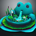 Cartoon Scene With Big Eyed Blue Frog On Lily Pad Small Waterfall Reeds And Flowers