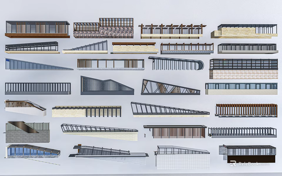 Parking Lot With Various Roof Structures And Canopy Designs In Different Shapes And Materials 3d model 