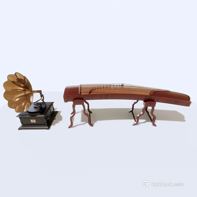 Vintage and Traditional Musical Instruments Featuring Phonograph and Guzheng with Wooden Frames and Brass Horn 3d model 