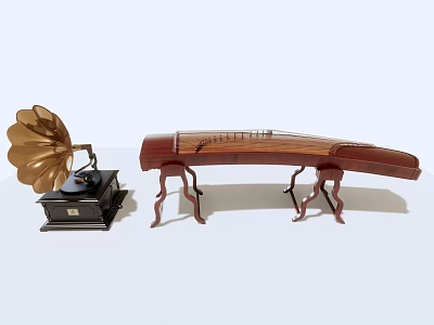 Vintage and Traditional Musical Instruments Featuring Phonograph and Guzheng with Wooden Frames and Brass Horn 3d model