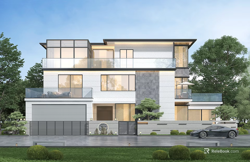 Modern Two Story Detached Villa With Large Glass Windows Balcony Garage And Landscaped Greenery 3d model 