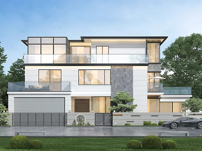 Modern Two Story Detached Villa With Large Glass Windows Balcony Garage And Landscaped Greenery 3d model