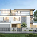 Modern Two Story Detached Villa With Large Glass Windows Balcony Garage And Landscaped Greenery