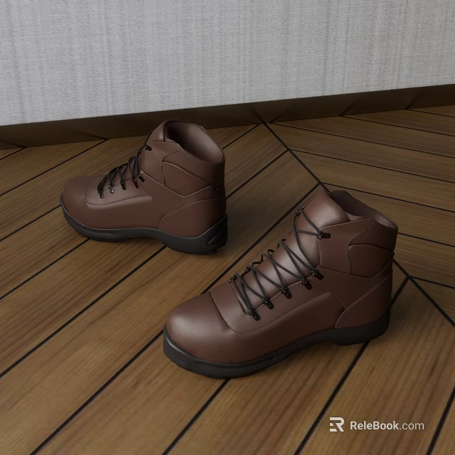 Brown High Top Leather Boots Placed On Wooden Floor With Classic Design 3d model 