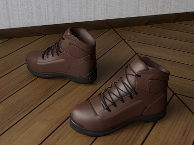 Brown High Top Leather Boots Placed On Wooden Floor With Classic Design 3d model