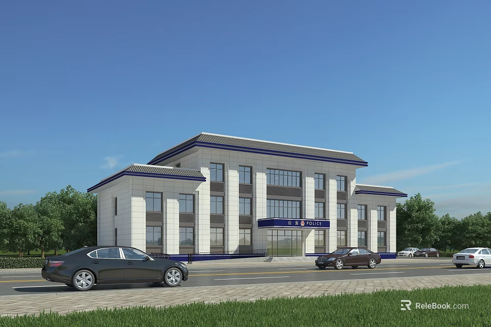 Modern White Office Building With Glass Windows And Parking Cars In Front 3d model 