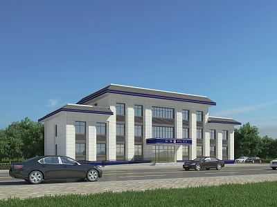 Modern White Office Building With Glass Windows And Parking Cars In Front 3d model