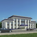 Modern White Office Building With Glass Windows And Parking Cars In Front