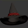 Gray Witch Hat With Pointed Top And Red Plaid Band For Halloween Costume