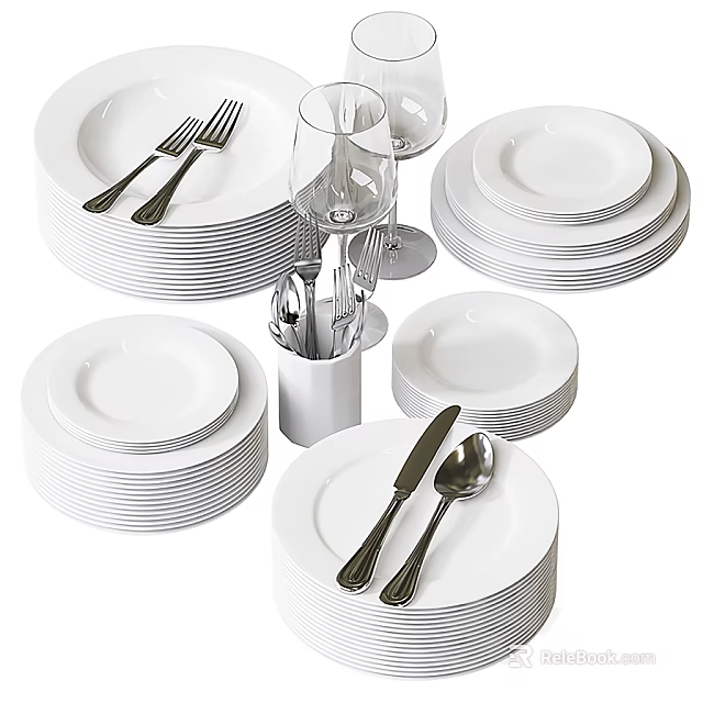 White Dinnerware Set With Stacked Plates Forks Knives Spoons And Wine Glasses 3d model 