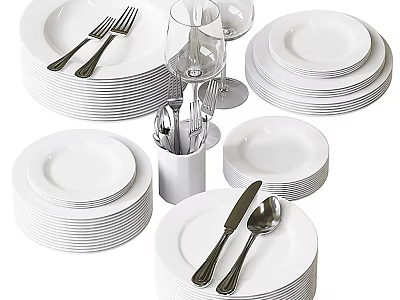 White Dinnerware Set With Stacked Plates Forks Knives Spoons And Wine Glasses 3d model