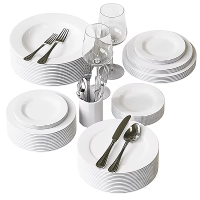 White Dinnerware Set With Stacked Plates Forks Knives Spoons And Wine Glasses 3d model White Dinnerware Set With Stacked Plates Forks Knives Spoons And Wine Glasses 3d model