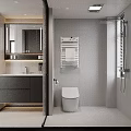 Modern Bathroom Interior With Toilet Vanity Mirror Tiled Walls And Shower