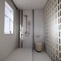 Modern Minimalist Bathroom With Grid Patterned Walls White Bathtub And Vanity Stool