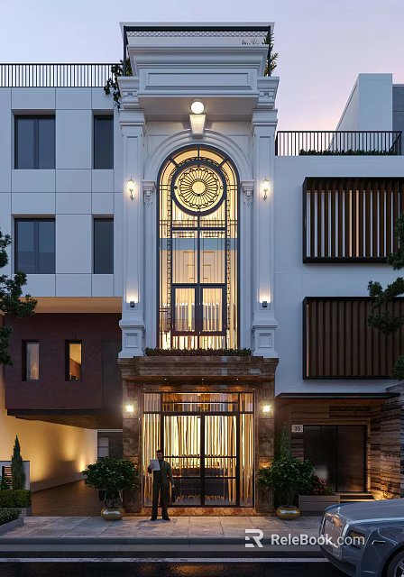 Detached Villa With Arched Glass Window Circular Ornament White Brown Facade And Illuminated Lights 3d model 