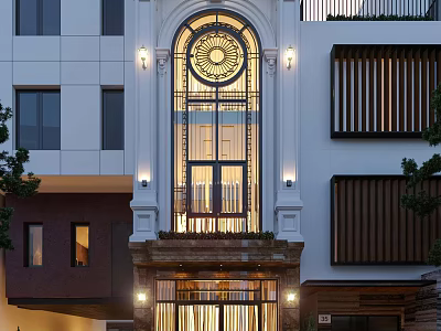 Detached Villa With Arched Glass Window Circular Ornament White Brown Facade And Illuminated Lights 3d model