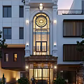 Detached Villa With Arched Glass Window Circular Ornament White Brown Facade And Illuminated Lights