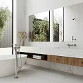 Modern Bathroom With Large Windows Bamboo View Freestanding Bathtub Double Vanity And Wooden Cabinets