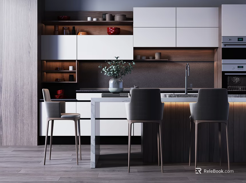 Modern Kitchen Dining Table Set With White Counter Gray Bar Stools And Green Plant 3d model