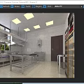 Commercial Kitchen With Stainless Steel Worktables Range Hood White Tile Walls And Square Ceiling Lights