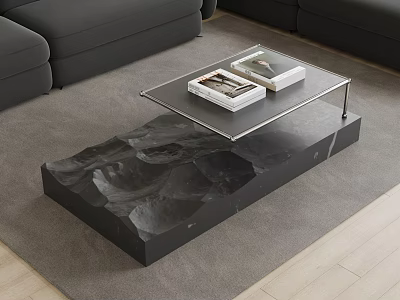 Modern Marble Base Coffee Table With Glass Top Magazine And Gray Sofa On Carpet 3d model