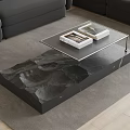 Modern Marble Base Coffee Table With Glass Top Magazine And Gray Sofa On Carpet