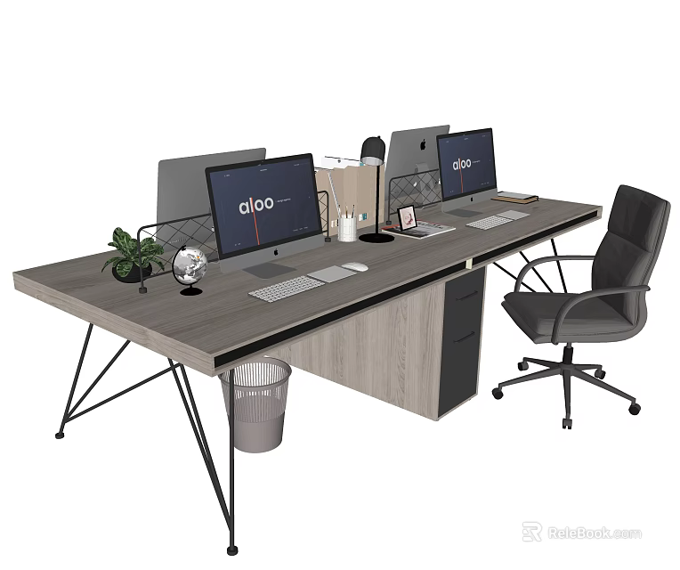 Modern Office Desk With Dual Monitors Potted Plant Globe And Office Chair 3d model 