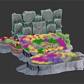 3D Rocky Landscape Scene With Green Grass Colorful Patches And Small Trees
